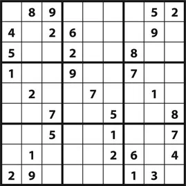 Figure 3. Example 9 × 9 Sudoku with starting numbers arranged in a rotationally symmetric pattern (see the answer key for the solution to this puzzle).