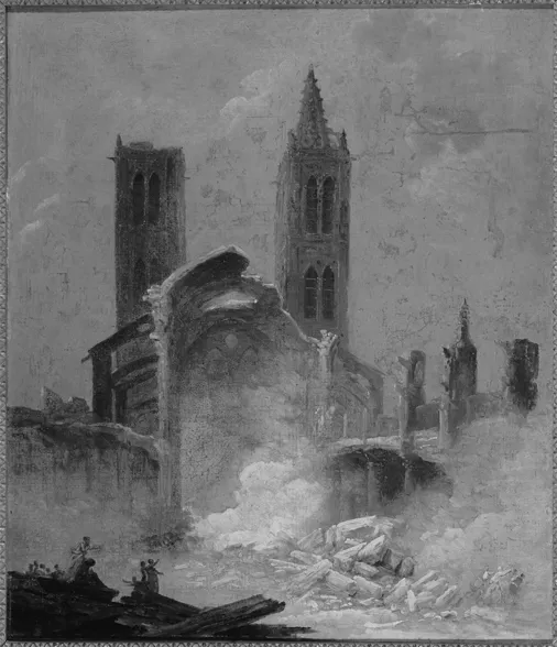 A painting of the ruins of a church. The church is being demolished.