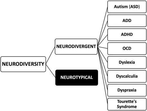  Two terms make up neurodiversity: “neurotypical” and “neurodivergent”. This includes autism (ASD), ADD, ADHD, OCD, dyslexia, dyscalculia, dyspraxia, and Tourette’s syndrome.