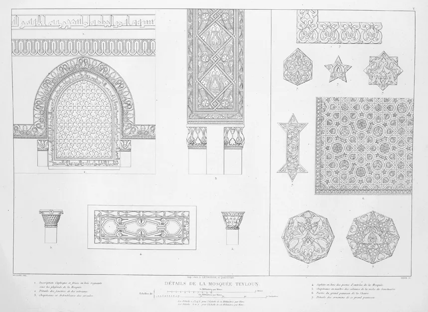 Renderings of architectural ornament in various formats, reduced to two dimensions.