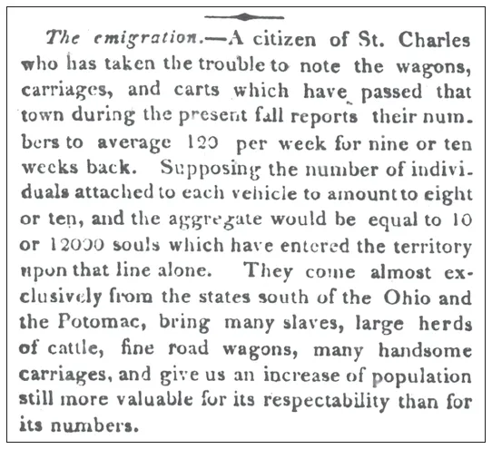 Image: Fig. 6: This article, describing the large number of immigrants to Missouri passing through St. Charles, appeared in the St. Louis Enquirer, November 10, 1819. Credit: State Historical Society of Missouri.