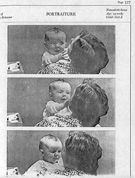 Three photographs of an infant held by a woman. The first one shows the infant trying to touch the woman's face, the second of the infant touching her face, and the third of both infant and woman looking at each other. The title reads, portraiture.