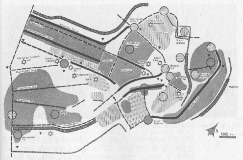 Map from Kevin Lynch’s book The Image of the City in which the drawn lines and symbols indicate paths, edges, nodes, districts and landmarks of the city of Boston.