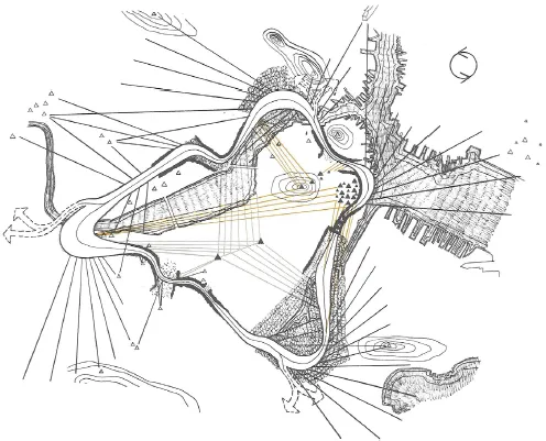 Map from Appleyard, Lynch and Myer’s book The View from the Road, in which the lines and symbols depict the counter clockwise experience of the roadscape of the Boston Expressway.