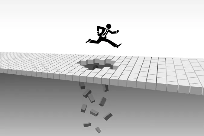 Drawing of a man jumping over a large hole in the sidewalk.