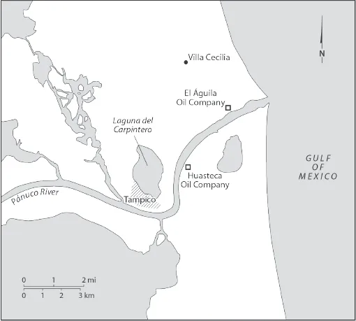 A map marks Tampico and Villa Cecilia and surrounding regions. The map shows the Gulf of Mexico. To the west of it lies regions, bordering the Panuco River, as follows (from right to left): Villa Cecilia, El Aguila Oil Company, Huasteca Oil Company, Laguna del Carpintero, Tampico.