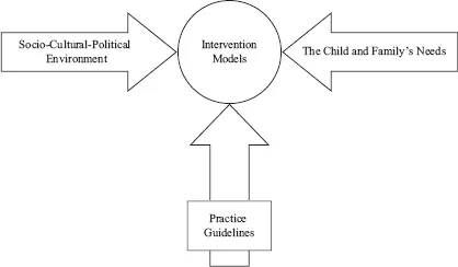 A figure illustrating the multiple elements that influence treatment models and the delivery of services, including the socio-cultural environment, practice guidelines, and the child’s and family’s needs.