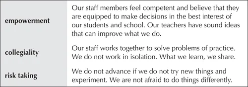  This figure displays the three foundational principles to empower teacher leadership, which are empowerment, collegiality, and risk taking, along with brief definitions. 