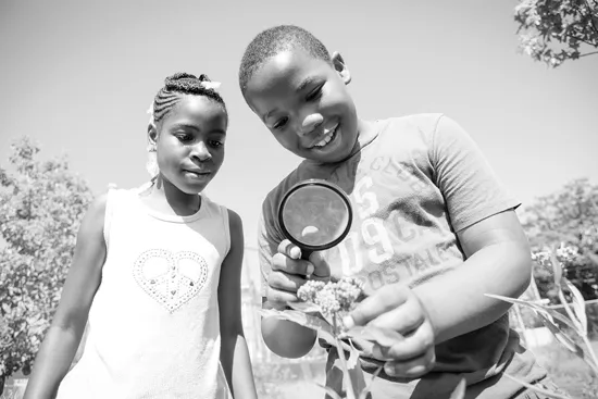 Two students use a magnifying glass to examine a flowering plant.