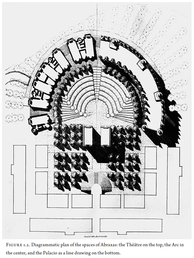 Image: FIGURE 1.2. Diagrammatic plan of the spaces of Abraxas: the Théùtre on the top, the Arc in the center, and the Palacio as a line drawing on the bottom.