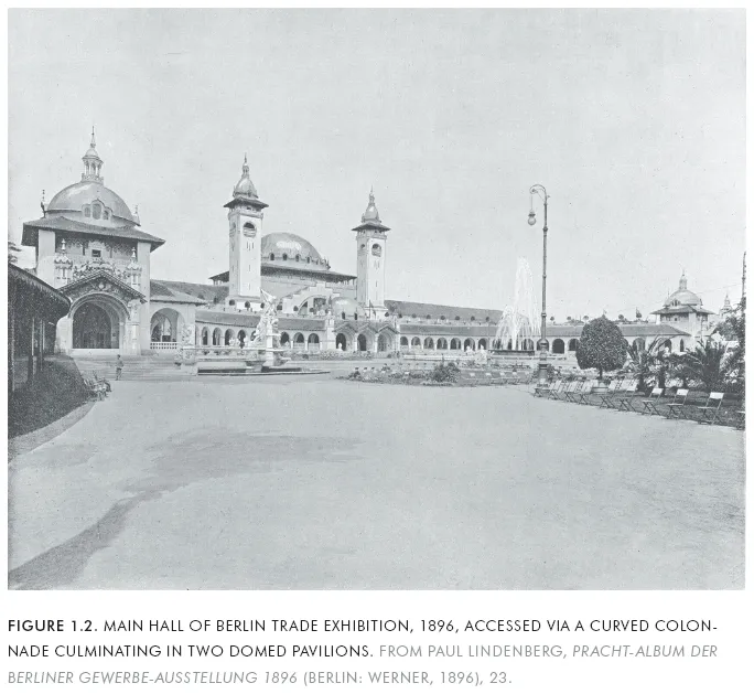 Image: FIGURE 1.2. MAIN HALL OF BERLIN TRADE EXHIBITION, 1896, ACCESSED VIA A CURVED COLONNADE CULMINATING IN TWO DOMED PAVILIONS. FROM PAUL LINDENBERG, PRACHT-ALBUM DER BERLINER GEWERBE-AUSSTELLUNG 1896 (BERLIN: WERNER, 1896), 23.