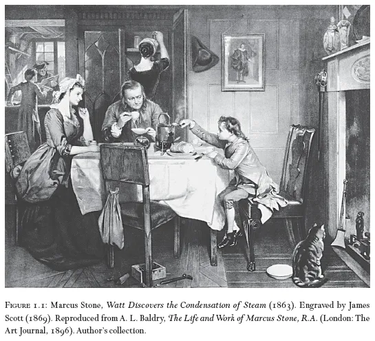 Image: FIGURE 1.1: Marcus Stone, Watt Discovers the Condensation of Steam (1863). Engraved by James Scott (1869). Reproduced from A. L. Baldry, The Life and Work of Marcus Stone, R.A. (London: The Art Journal, 1896). Author’s collection.