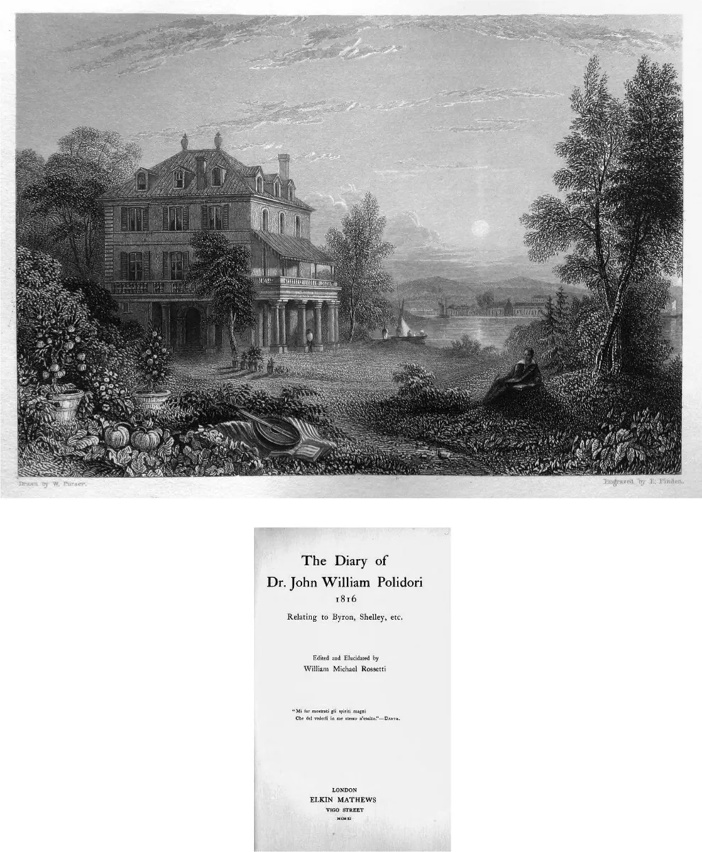 Dall’alto: Villa Diodati in una stampa dell’epoca; la copertina del Diario di John Polidori