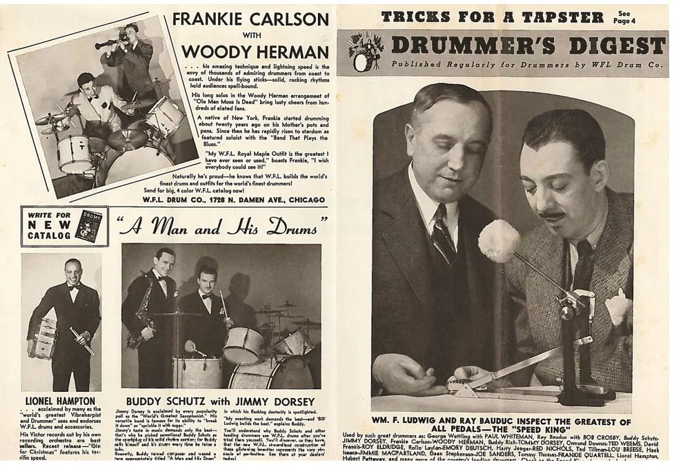 A black and white two-page newspaper spread showing 4 photographs of men playing the drums. On the left page, the first heading reads ‘Frankie Carlson with Woody Herman’. Underneath, a heading reads ‘A Man and his Drums’. On the right page, which is the cover page, there is a large heading that reads: ‘Tricks for a Tapster’ with the main heading reading: ‘Drummer’s Digest’. There is a large photograph underneath of two men.