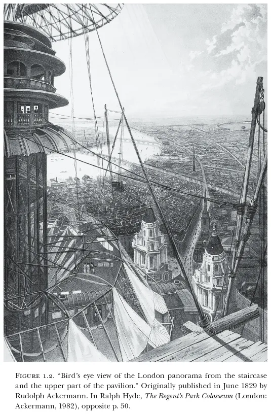 Image: FIGURE 1.2. “Bird’s eye view of the London panorama from the staircase and the upper part of the pavilion.” Originally published in June 1829 by Rudolph Ackermann. In Ralph Hyde, The Regent’s Park Colosseum (London: Ackermann, 1982), opposite p. 50.