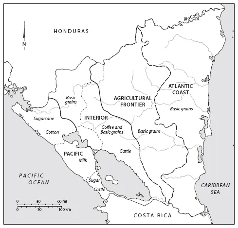 Image: FIGURE 1.1. Food production in different Nicaraguan regions, 1980. This map is based on a map developed for the 1980 report of the International Fund for Agricultural Development. It shows the status of food production after three decades of intense agro-export cultivation. The map indicates the geographical distribution of Nicaraguaâs main agricultural products but neglects regional varieties at the agricultural frontier and at the Caribbean Coast.