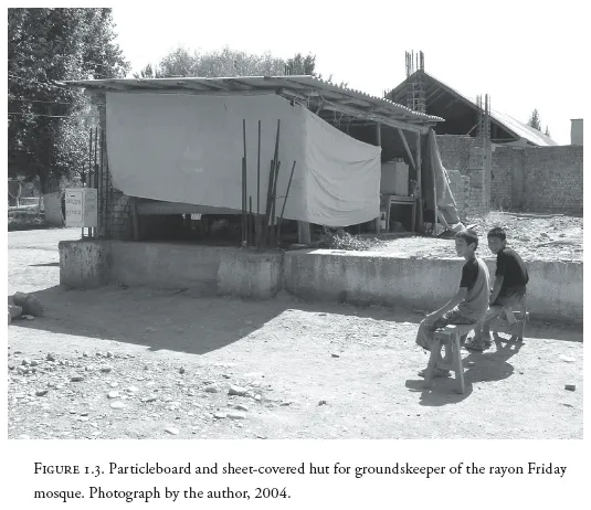 Image: Figure 1.3. Particleboard and sheet-covered hut for groundskeeper of the rayon Friday mosque. Photograph by the author, 2004.