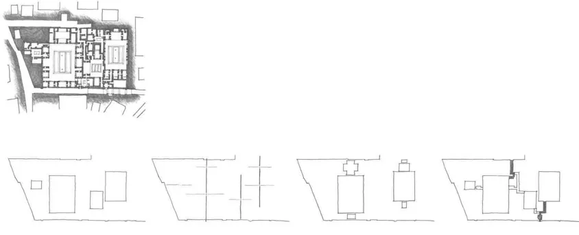 FIGURE 1.1 Talaie House, Yazd, Iran, c. late eighteenth–early nineteenth: plan and diagrams.