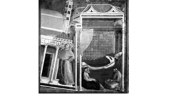 Il sogno di Papa Innocenzo III: Francesco d’Assisi sorregge la Basilica lateranense, simbolo della Chiesa, in rovina. Affresco attribuito a Giotto, 1290-1295, ciclo delle Storie di san Francesco, Basilica Superiore d’Assisi.