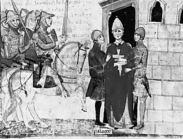 Giacomo Colonna e Guglielmo di Nogaret arrestano Bonifacio VIII ad Anagni, miniatura della Nuova Cronica di Giovanni Villani (Firenze, 1276-1348).