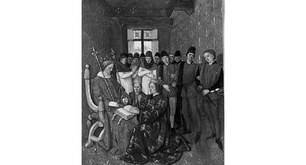 Filippo IV di Francia riceve l’omaggio di Edoardo I d’Inghilterra il 5 giugno del 1286, nel Palais Royal. Miniatura di Jean Fouquet dalle Grandes Chroniques de France, 1455-1460, Bibliothèque Nationale, Parigi.