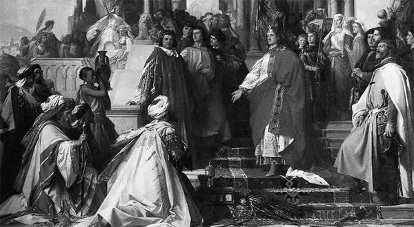 A destra: La Corte palermitana di Federico II di Svevia, olio del pittore austriaco Arthur Georg von Ramberg, 1865, Nuova Pinacoteca di Monaco.