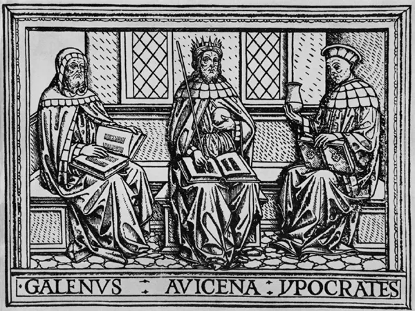 Avicenna, in centro, tra Galeno, a sinistra, e Ippocrate. Incisione dal Canon cum argutissima Gentilis expositione, di Avicenna e Gentile da Foligno, edito da Luigi e Bartolomeo Morandi - Giacomo Pocatela, Pavia 1510-1512.