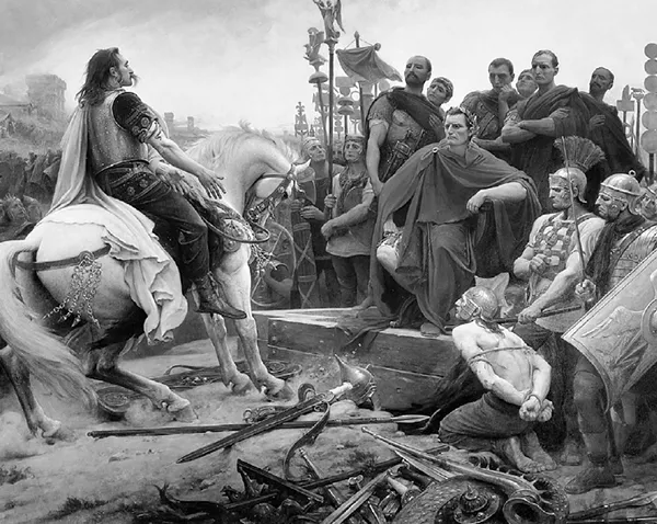 Vercingetorige getta le sue armi ai piedi di Cesare, olio su tela di Lionel Royer (1899). Musée Crozatier, Le Puy, Francia.