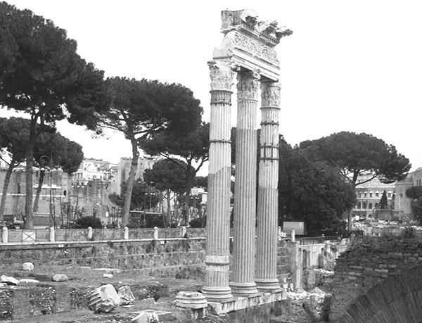 Il Foro di Cesare, primo tra i Fori imperiali di Roma a essere costruito. Al centro i resti del Tempio di Venere Genitrice, fatto erigere da Cesare e poi ristrutturato in età traianea.