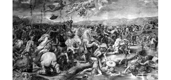 La Battaglia di Ponte Milvio, (312), nella quale Costantino sconfisse Massenzio, Augusto usurpatore in Italia, assumendo il governo totale delle province d’Occidente. Raffaello, affresco nella Sala di Costantino, 1520-1524, Musei Vaticani.