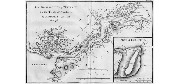 Il Bosforo e la città di Bisanzio, incisione di Jean-Denis Barbié du Bocage, 1784, in Travels of Anarcharsis. Il passaggio delle navi da Propontide (mar di Marmara) a Ponto Eusino (Mar Nero). Nel riquadro la pianta di Bisanzio.