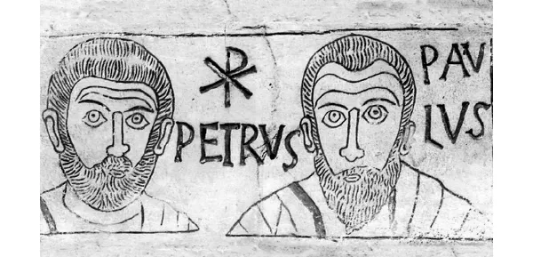 San Pietro e san Paolo, incisione su marmo del IV sec., lastra di chiusura del loculo del giovane Asellus nella catacomba di Sant’Ippolito. Musei Vaticani.