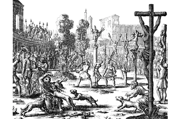 Persecuzione del 301 dei Cristiani degli imperatori Diocleziano e Massimiano, di Jan Luyken, acquaforte dal testo Martyrs Mirror o The Bloody Theater, Thieleman J. van Braght, Olanda 1660.