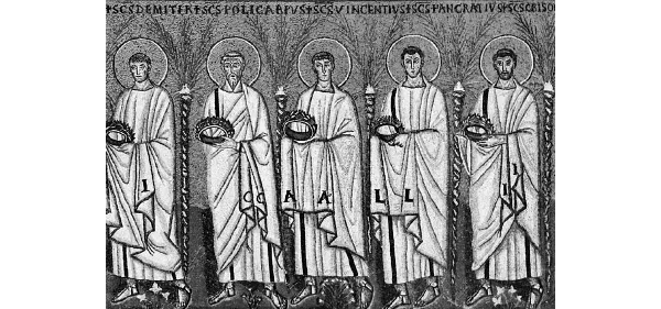 Teoria dei Martiri, navata destra di Sant’Apollinare Nuovo, Ravenna. Mosaico eseguito dopo la riconciliazione al culto cattolico, nel 570, della chiesa, nata come ariana, su committenza di Teodorico.