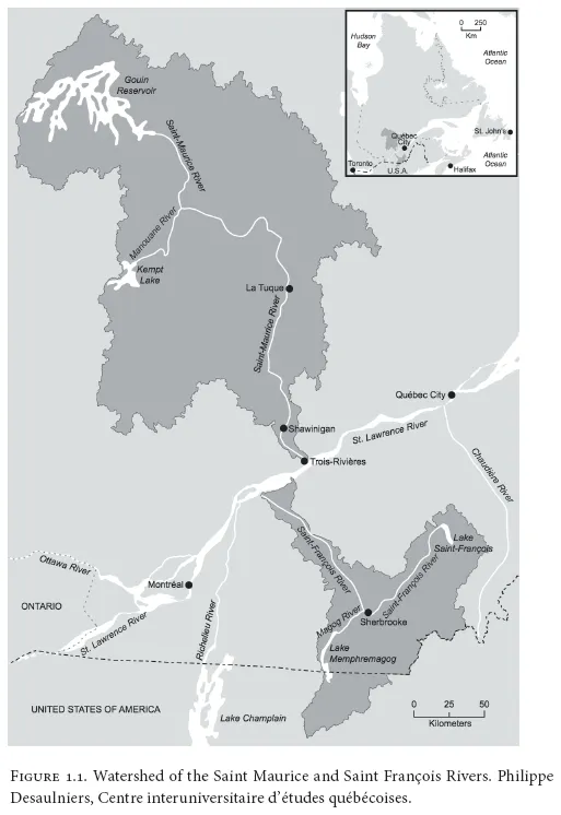 Image: FIGURE 1.1. Watershed of the Saint Maurice and Saint François Rivers. Philippe Desaulniers, Centre interuniversitaire d’études québécoises.