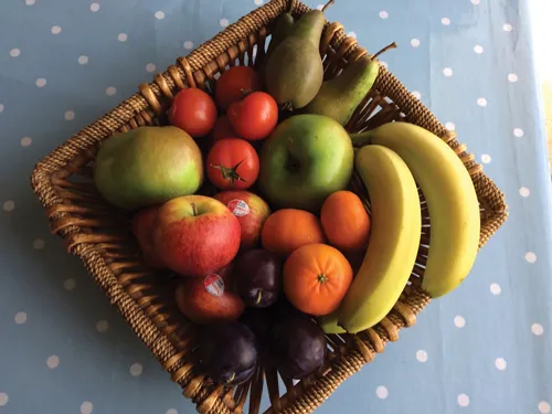 Pears, bananas, clementines, plums, apples, cooking apples, and tomatoes.