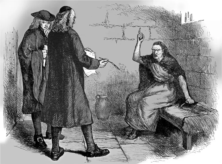 A line drawing of two men holding a paper and a quill out to Martha Corey seated in a jail cell.