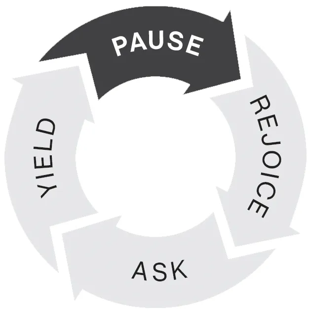 A diagram of the P.R.A.Y. cycle: Pause, Rejoice, Ask, Yield. The Pause section is highlighted.