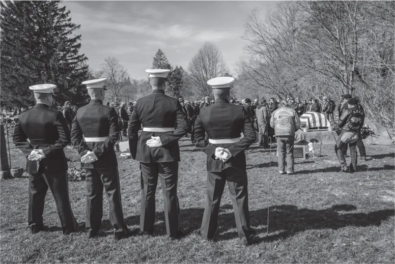 6. Marine honor guard. Funeral of James Boyer, former president, Road Vultures Motorcycle Club. Lockport, New York, 2010.