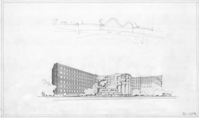 A drawing depicts the hanging garden on the elevation towards the Charles River from the Baker House dormitory in the Massachusetts Institute of Technology.