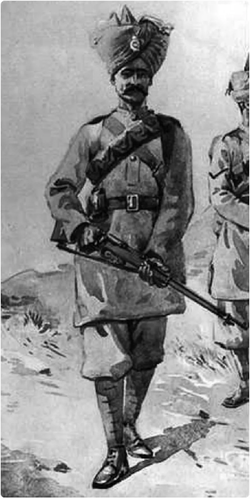 Ilustración de un cipayo con uniforme militar y un arma en la mano.