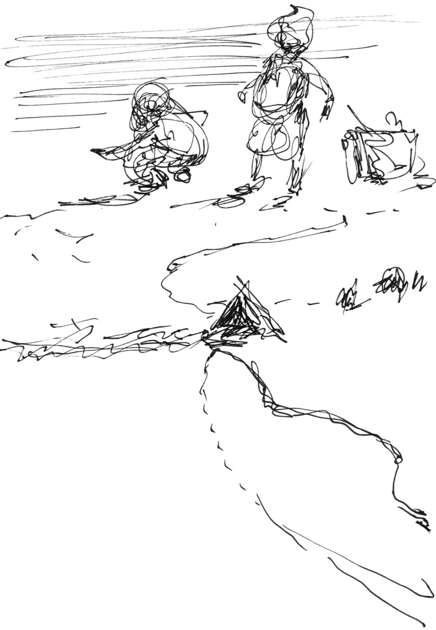 A drawing of children building sand castles at the beach. The drawing is abstracted and very gestural. (Black lines on white background.)