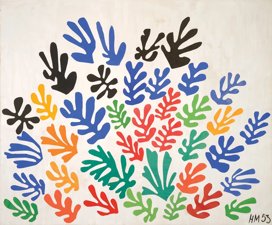 A field of brightly colored leaf-like multi-lobed shapes arranged in a fanning pattern.