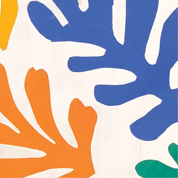 Detail of the previous image showing one white multi-lobed shape in the center with colored multi-lobed shapes around it.