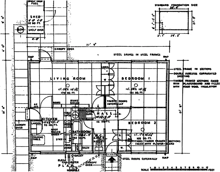 Figure 1.1. Arcon Mark V bungalow plan. (Source: Ministry of Health/Ministry of Works, 1944a)
