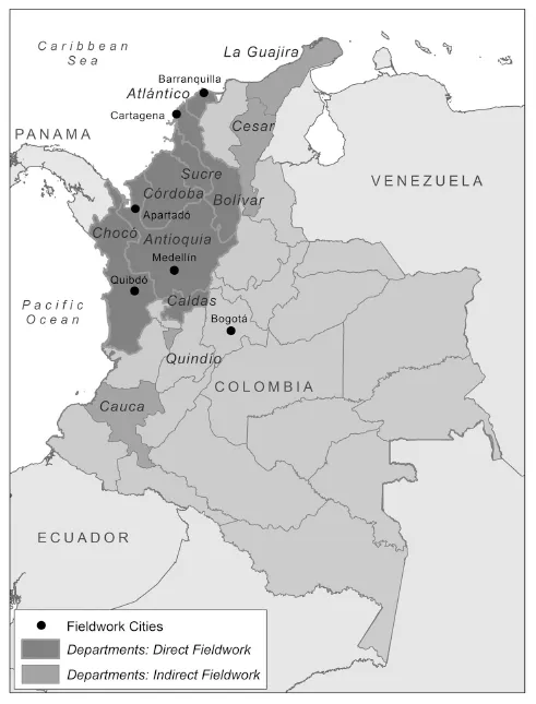 Image: 1.2. Fieldwork sites in Colombia. Map by author.