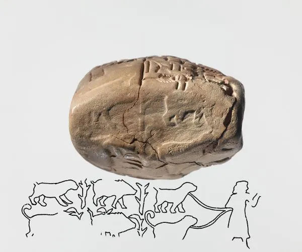 A photo of the end of an ancient clay cuneiform tablet with faint impressions of an animal. Directly under the tablet is a line drawing of dog- and boar-like animals being led by a figure.