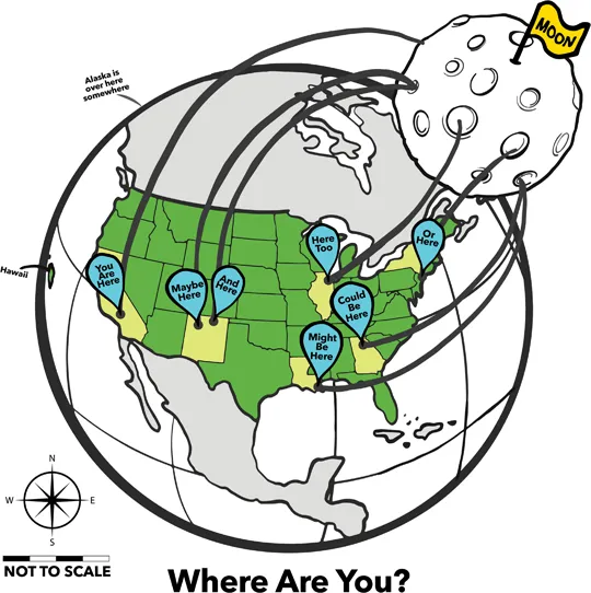 Arrows drawn from the moon to the earth to US cities that represent how as an Office PA you can work in various locations worldwide. This graphic is specifically the film industry hubs in the US.