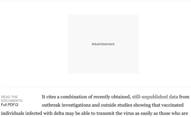 Image from Washington Post website (30 July 2021), offering visual reflections of market and scientific journalism tropes embedded to audience experience. Note large space for market advertisement, the ‘full PDF’ to facilitate scientific journalism, and claims of secrets: ‘recently obtained, still-unpublished data’.