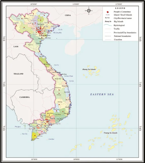 A political map of Vietnam exhibits people's committees, small islands, cities and provinces, big islands, hydrological pathways, traffic routes, provincial and city boundaries, national boundaries, and an extensive coastline.